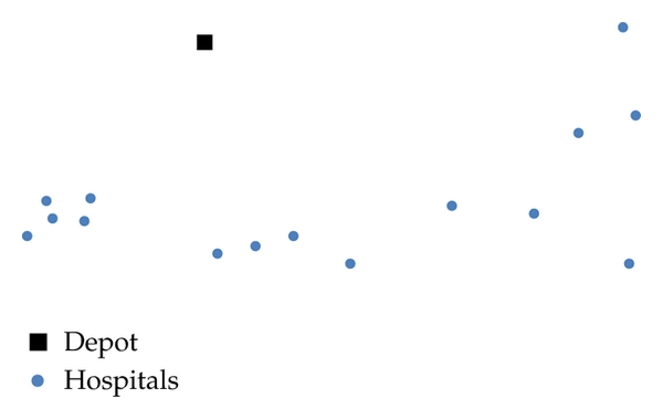 (b) A set of 15 hospitals covered by vehicle 1 (the visiting route is not shown)